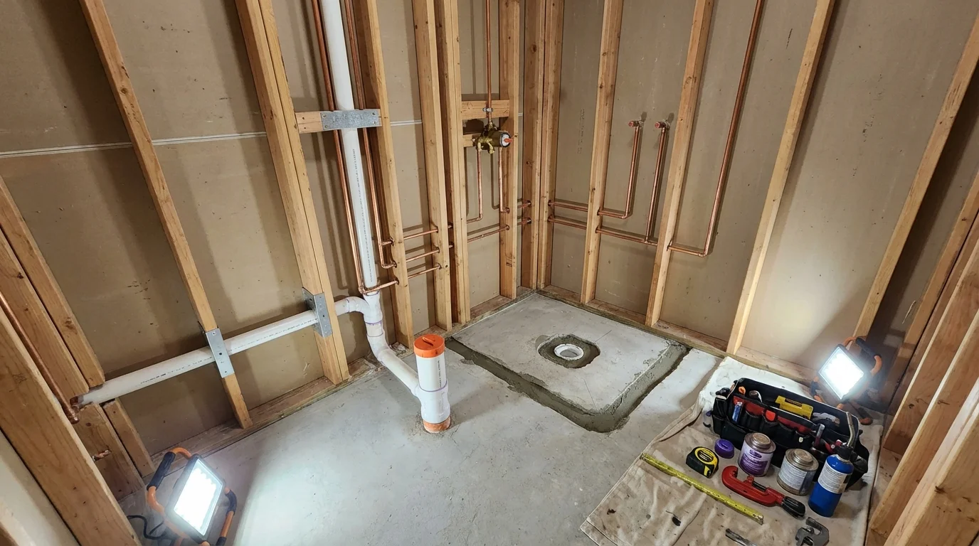 Bathroom rough-in plumbing during remodel by Johns Plumbing LLC in Manorville