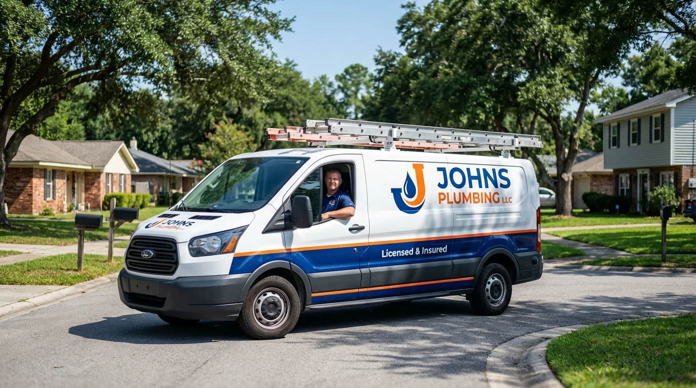 Johns Plumbing LLC service van in Manorville, NY