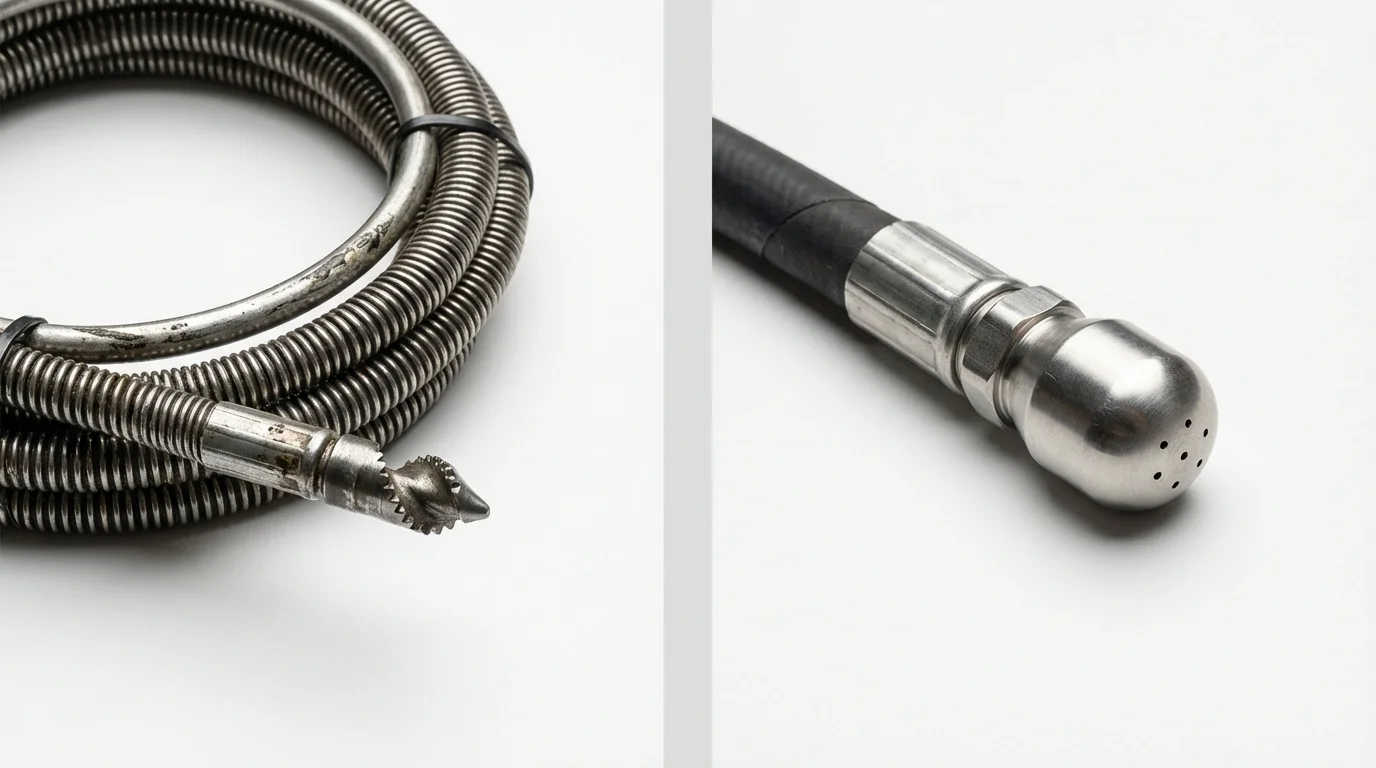 Drain snake cable and hydro jetting nozzle used for drain cleaning in Manorville, NY