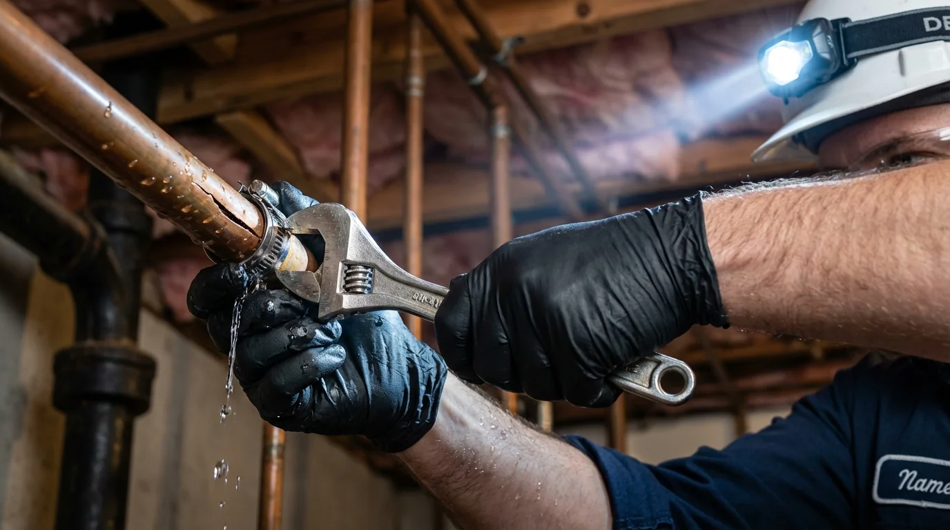 Emergency pipe clamp repair being performed by a Johns Plumbing LLC plumber in Manorville