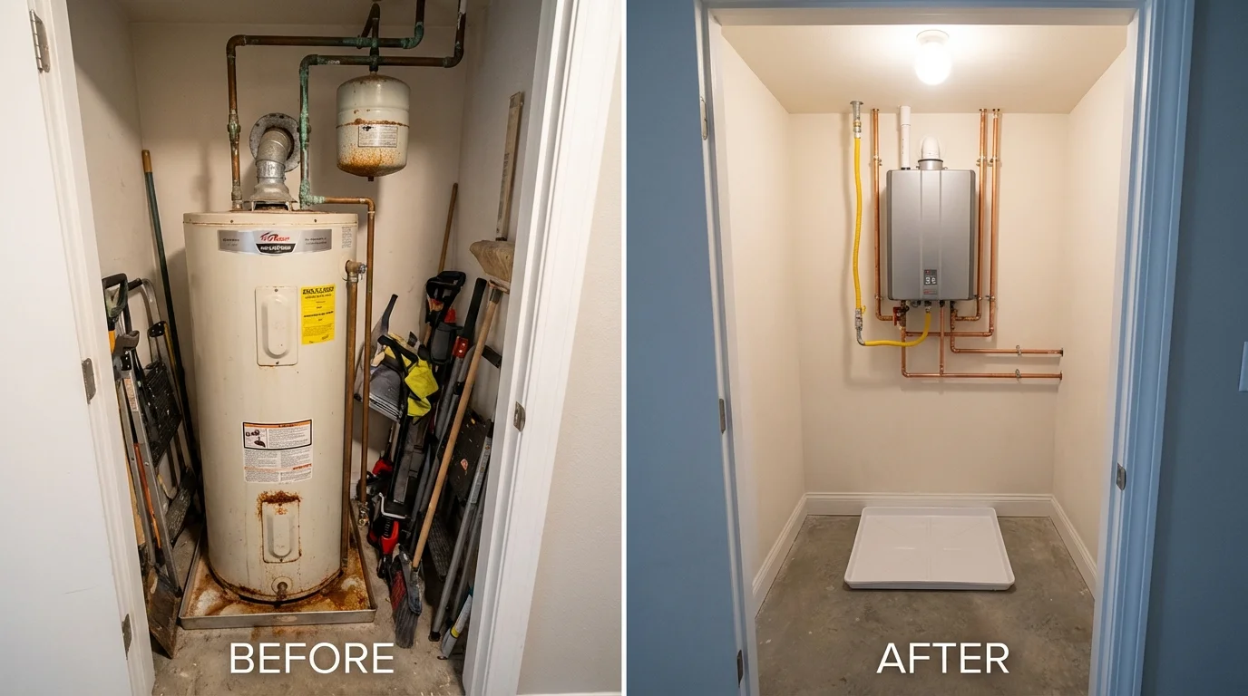 Tank water heater versus wall-mounted tankless unit comparison for Manorville, NY homeowners