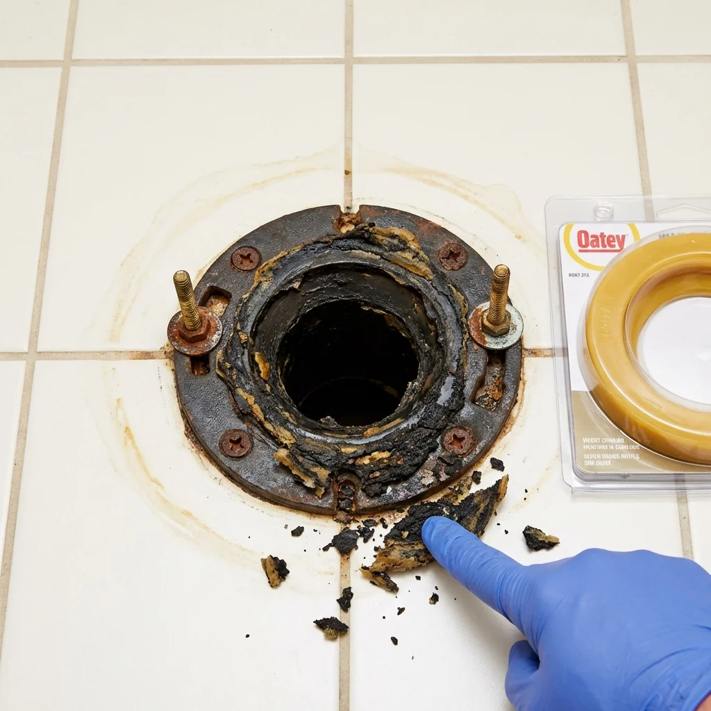 Failed wax ring showing water seepage at the base of a toilet in a Manorville, NY home