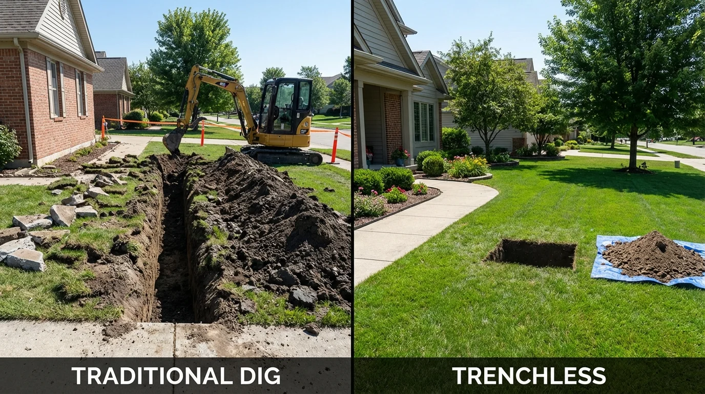 Trenchless sewer repair with minimal yard damage versus traditional excavation in Manorville, NY