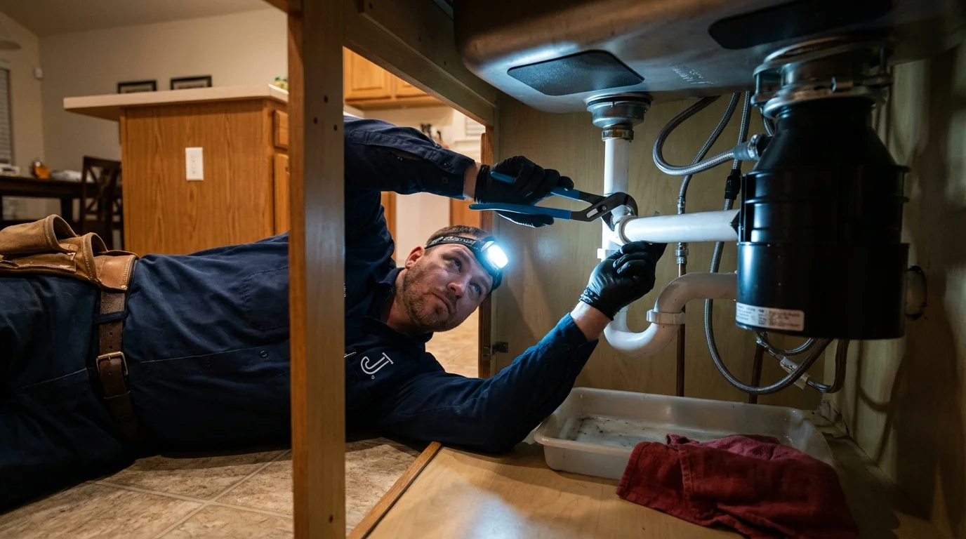 P-trap and supply line connections under a kitchen sink showing a common leak point in Manorville, NY